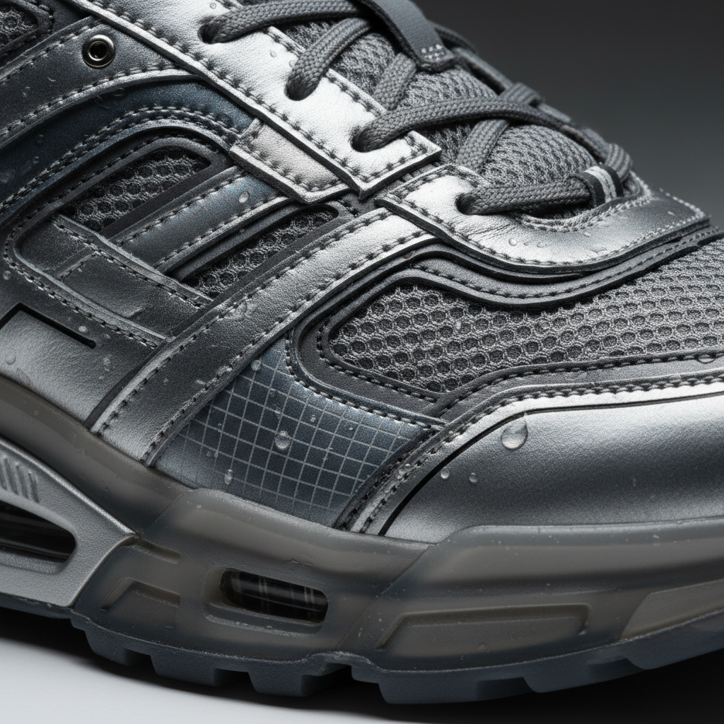 스니커즈의 복잡한 레이어와 가죽 디테일 근접 사진