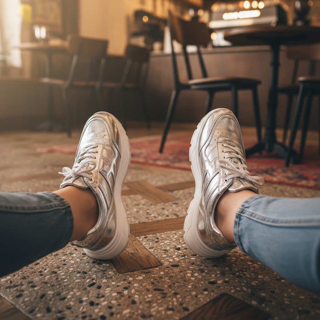 세련된 카페 실내에서 신발을 내려다본 모습