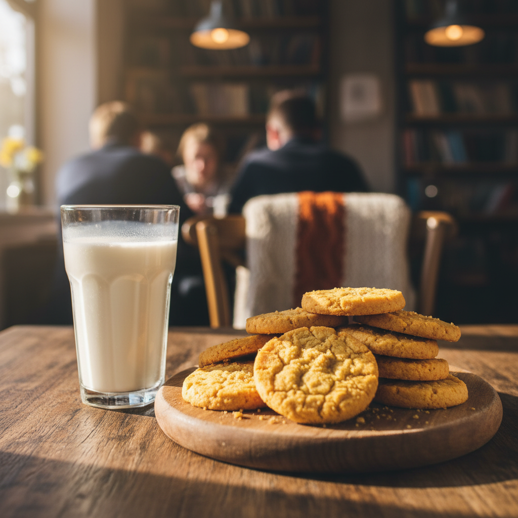따뜻한 우유와 함께 놓인 황치즈 디저트 세트