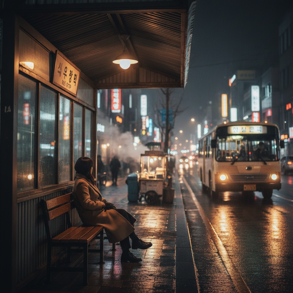 따뜻한 도시의 야경과 빈티지한 버스 정류장의 풍경