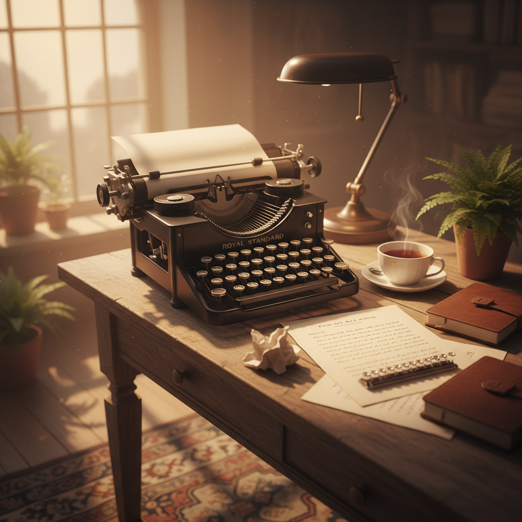 타자기가 놓인 작가의 책상과 쏟아지는 오후의 햇살