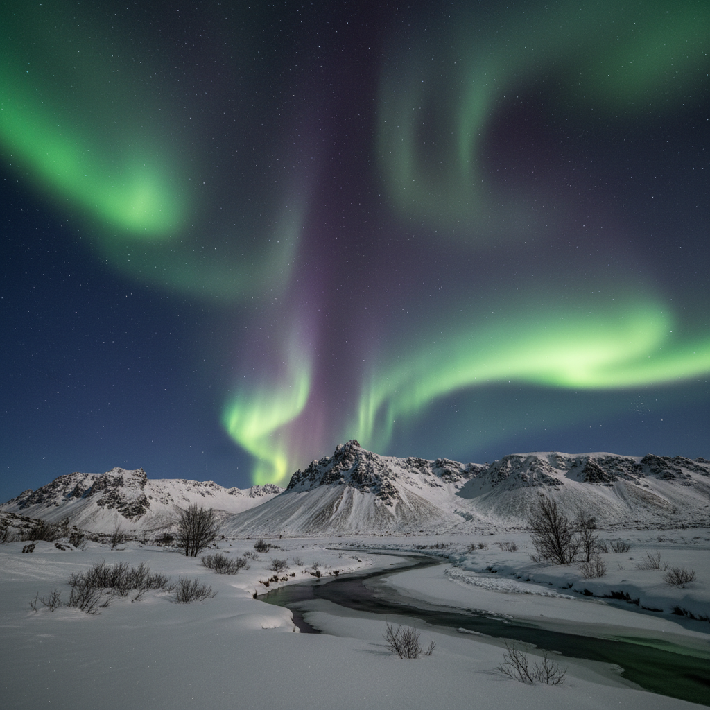 오로라가 펼쳐진 아이슬란드의 신비로운 밤하늘