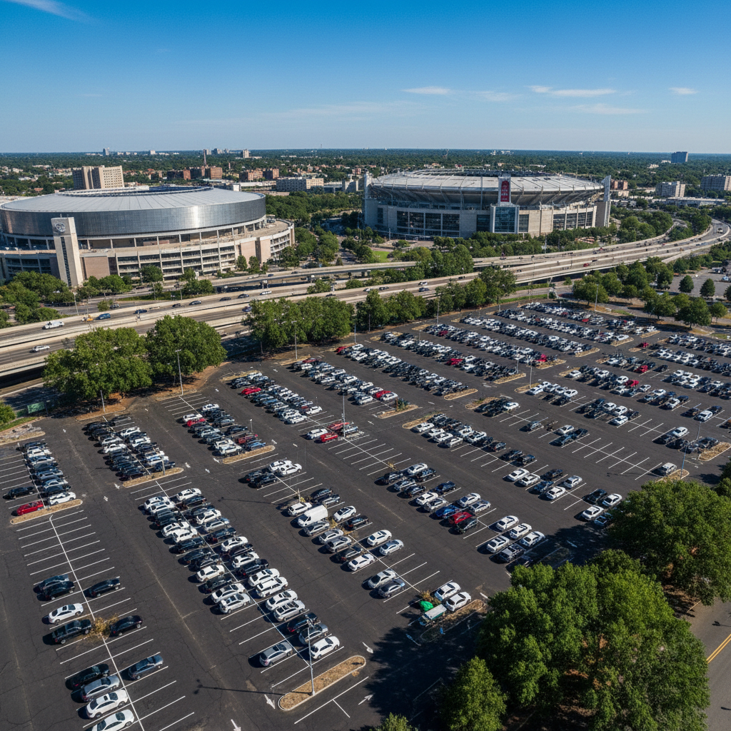 넓은 야외 주차장에 가득 찬 차량들