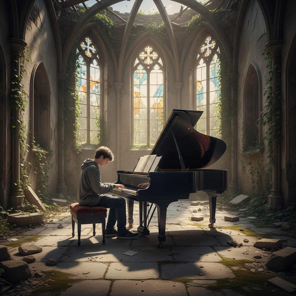 두 소년이 함께 피아노를 연주하는 정적인 순간