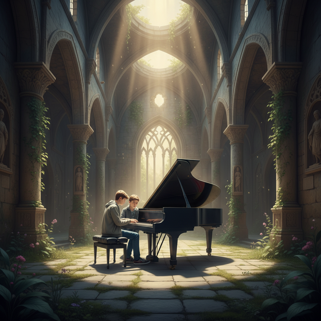 폐허 속에서 피아노를 치는 두 소년