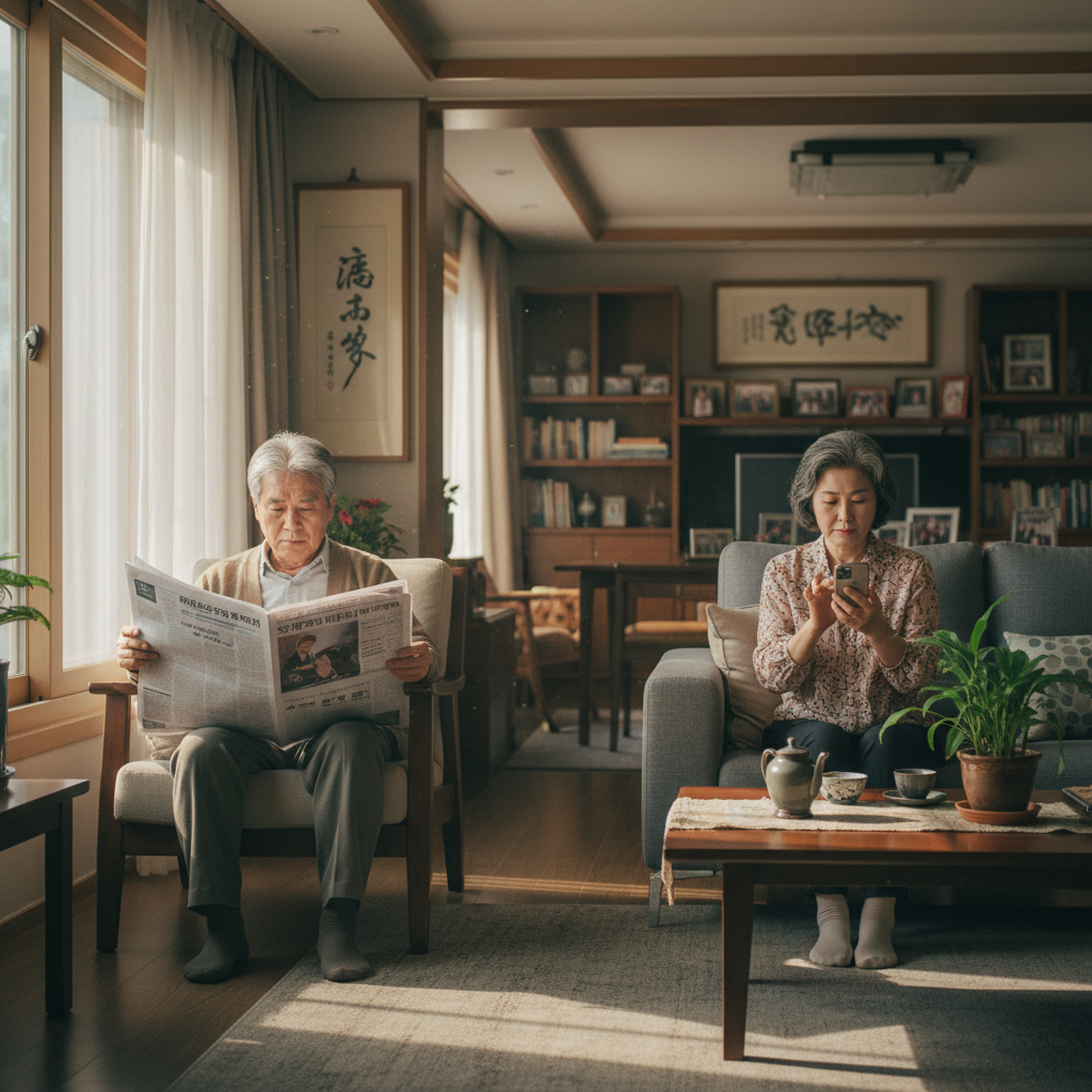 거실에서 서로 다른 곳을 보는 노년 부부