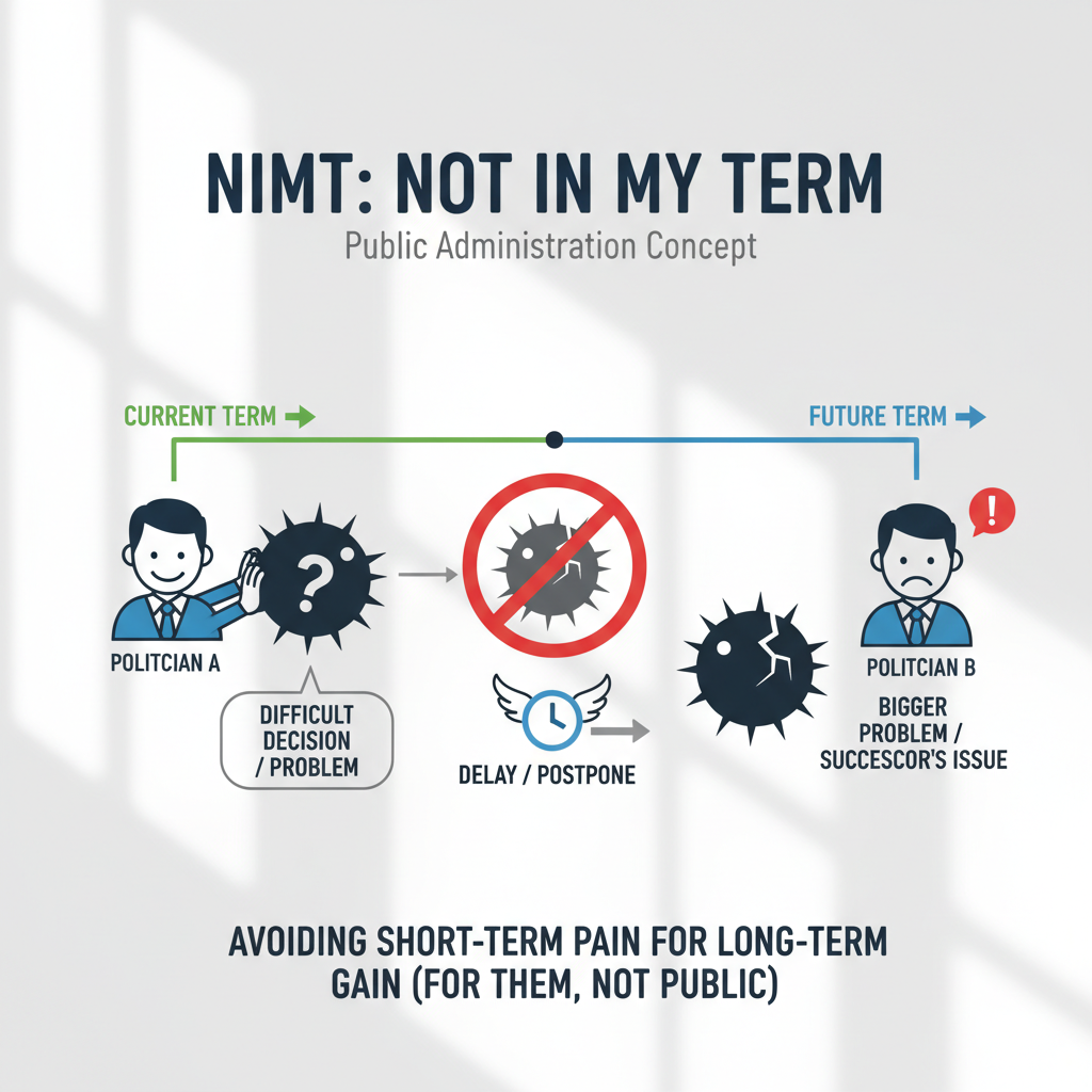 A clean infographic explaining the concept of ‘NIMT’ (Not In My Term) in public administration, with simple icons representing politicians avoiding difficult decisions, natural lighting, 1:1 aspect ratio