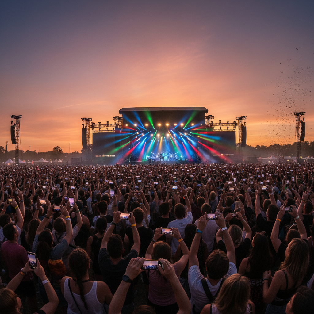 축제 현장에서 스마트폰을 사용하는 사람들