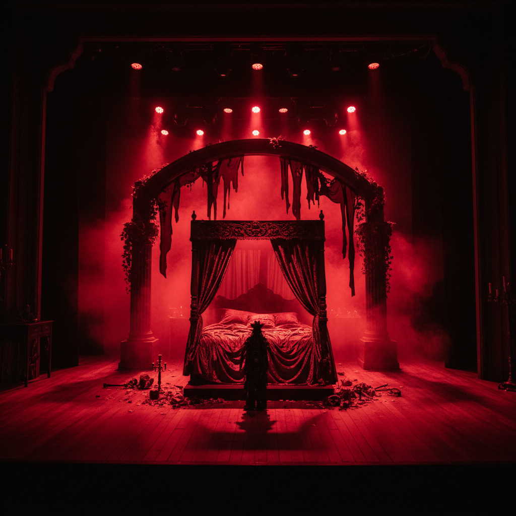 붉은 조명이 비치는 강렬한 분위기의 연극 무대 세트