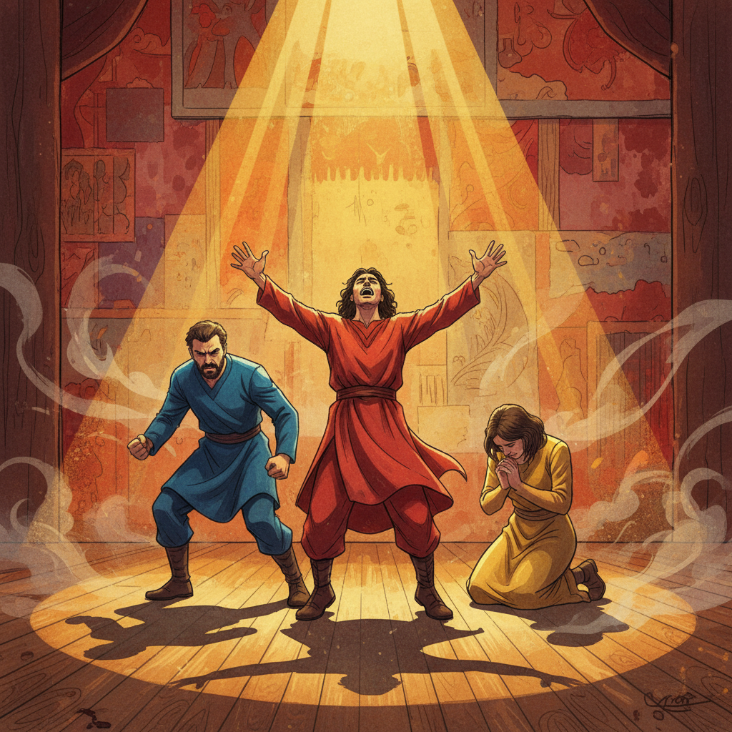 무대 위 배우들이 열정적으로 연기하는 모습의 일러스트