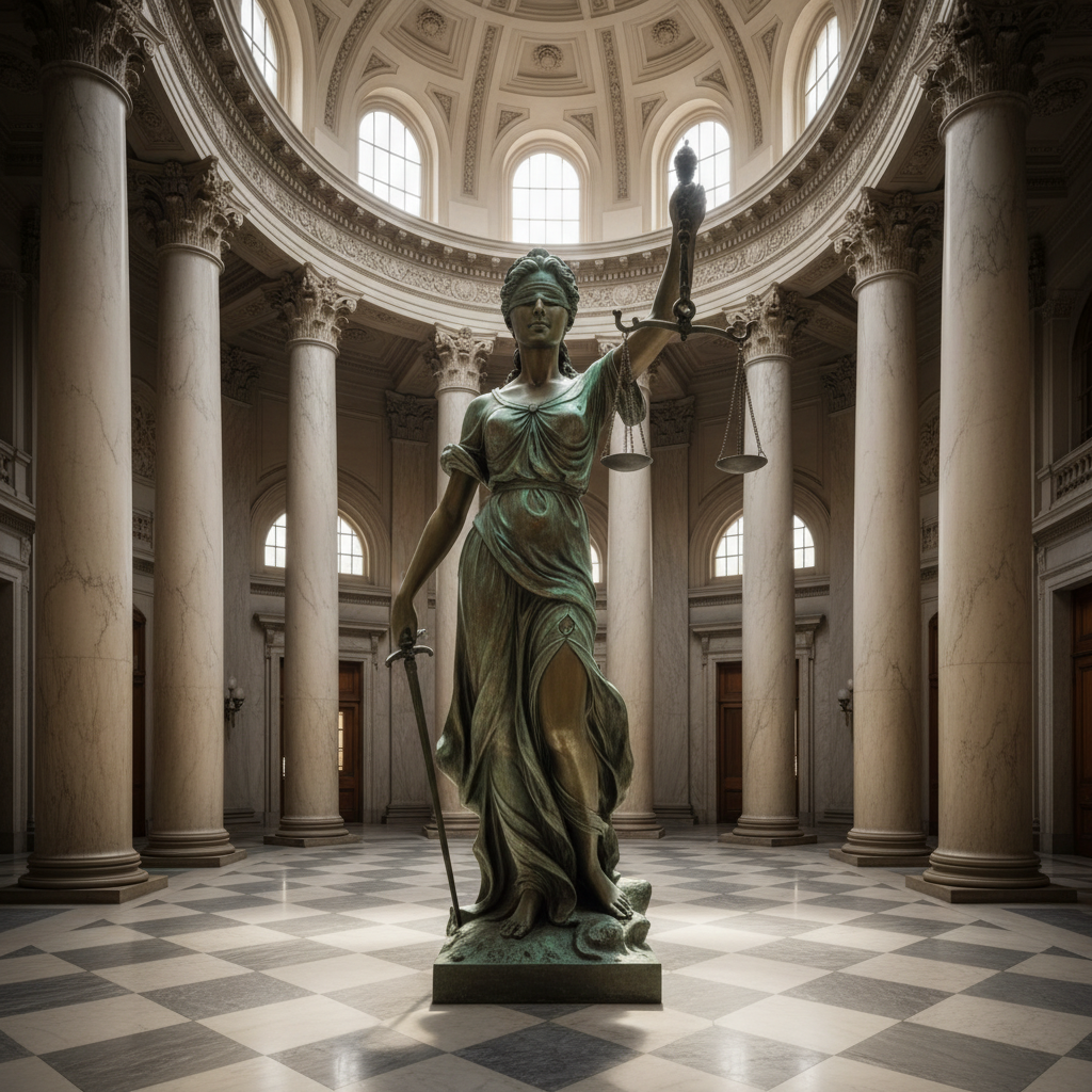 법원 로비에 서 있는 법의 여신상과 정의의 저울