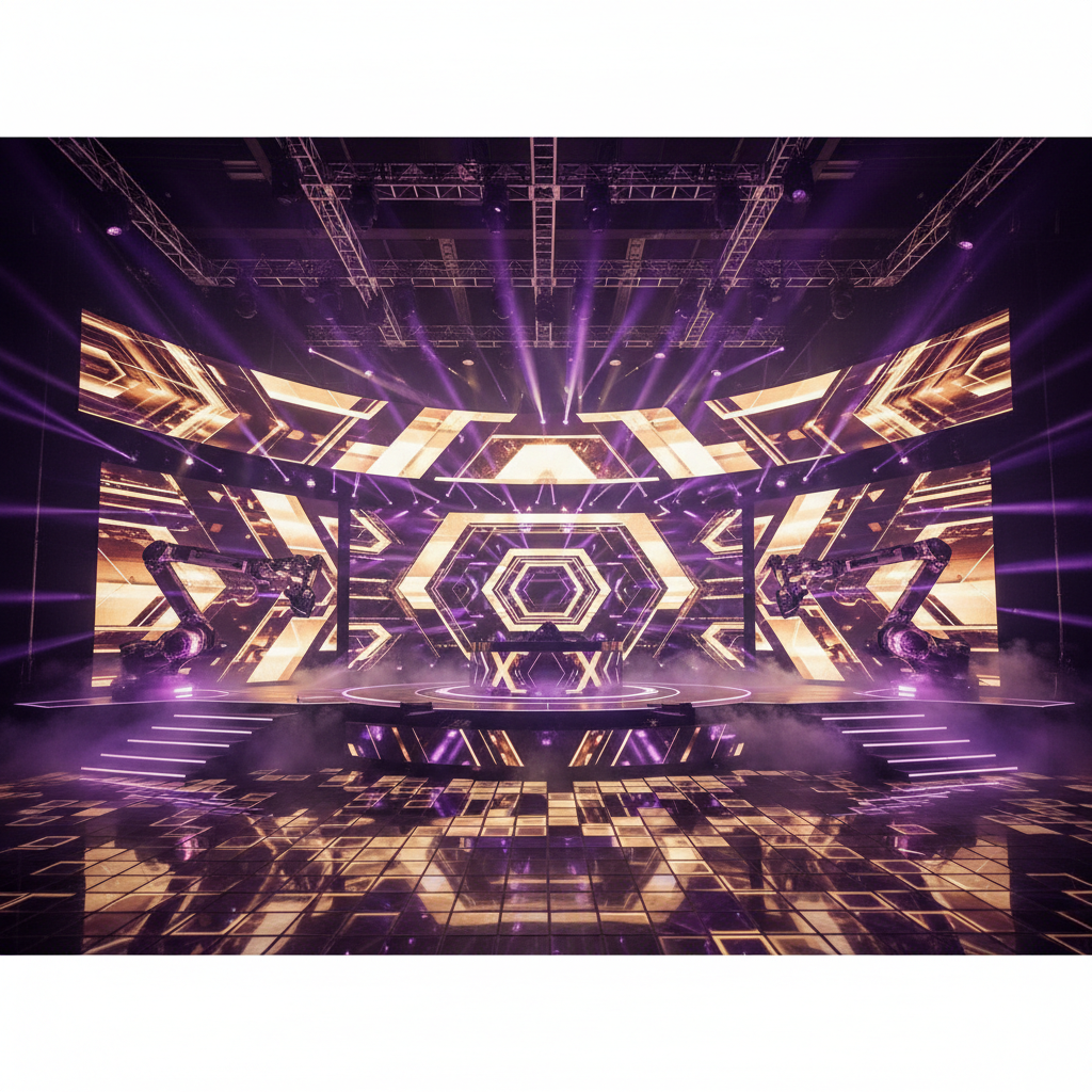 화려한 조명과 점수판이 있는 오디션 프로그램 배경