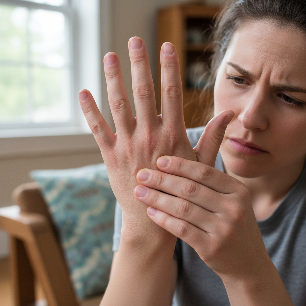 부어오른 손가락을 유심히 살피는 모습