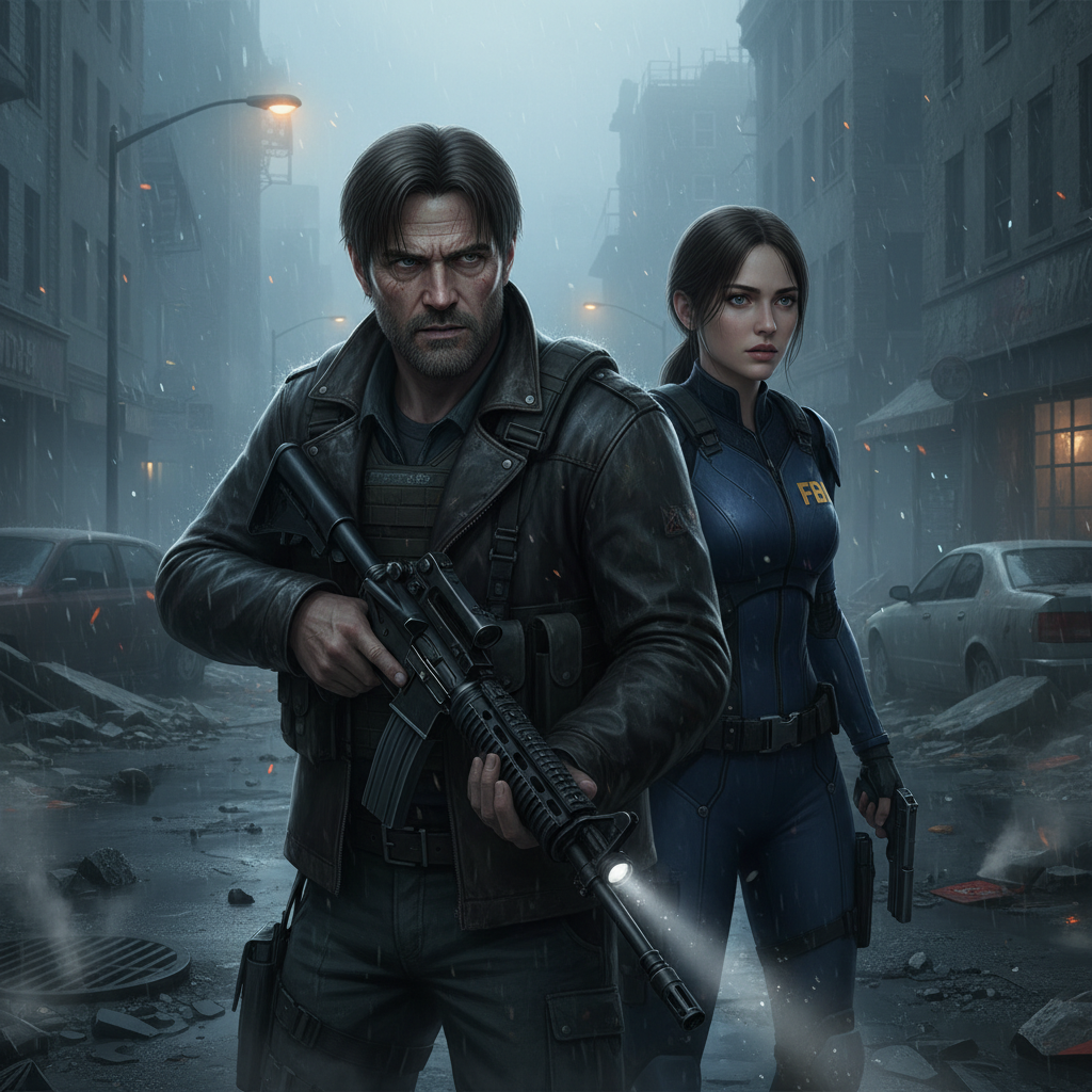 Two main characters from Resident Evil Requiem, an older veteran Leon S. Kennedy with a serious expression and a younger female FBI agent Grace Ashcroft, standing cautiously in a dimly lit, foggy urban environment, cinematic lighting, photorealistic style, 4:3