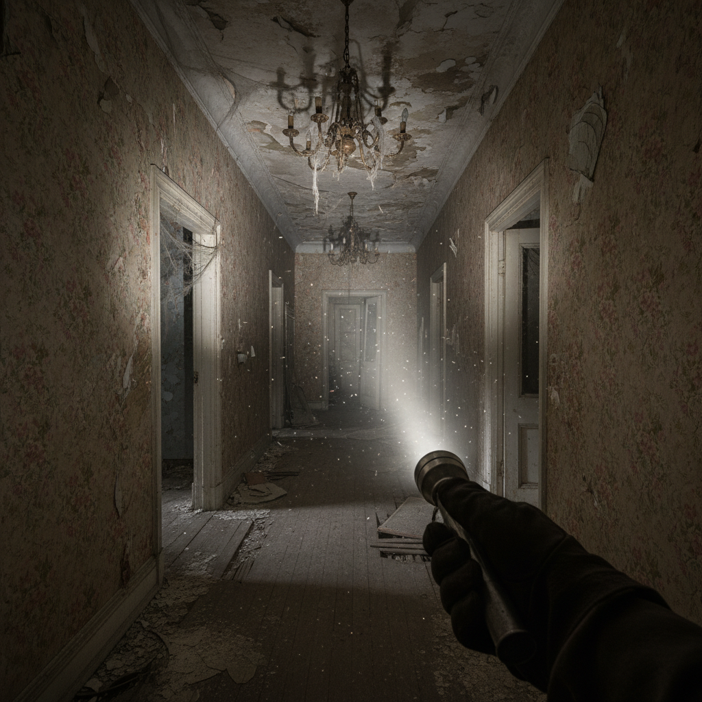 어두운 저택의 복도를 조사하는 긴박한 순간