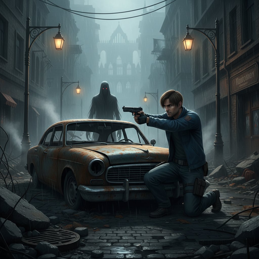 무너져가는 도시에서 좀비와 대치하는 레온