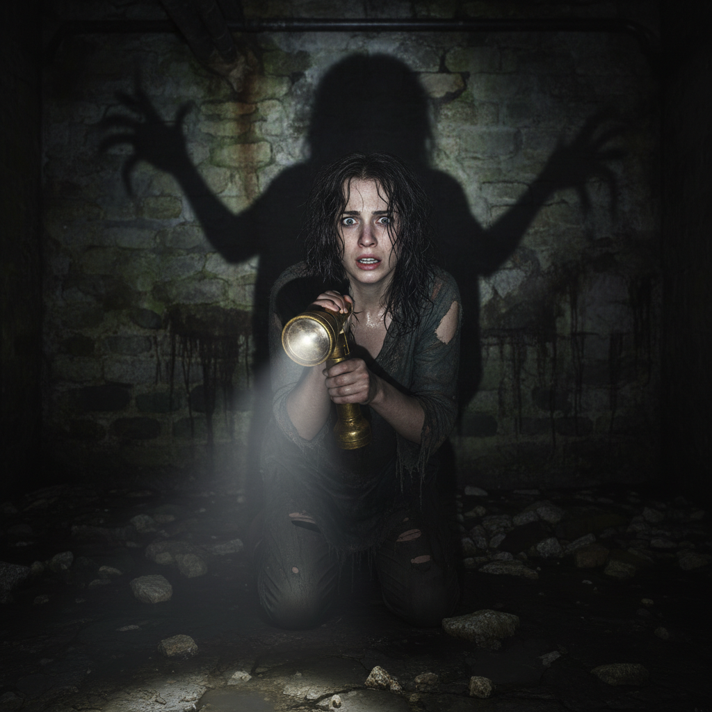 지하실 어둠 속에서 손전등을 든 그레이스