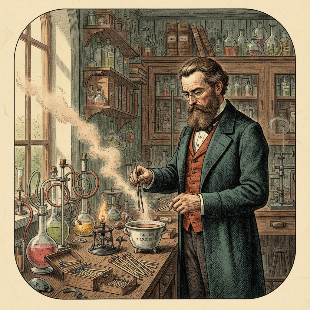 A vintage style illustration of a 19th century chemist in a wooden laboratory working with old glass beakers and early matchstick prototypes with soft natural light 4:3