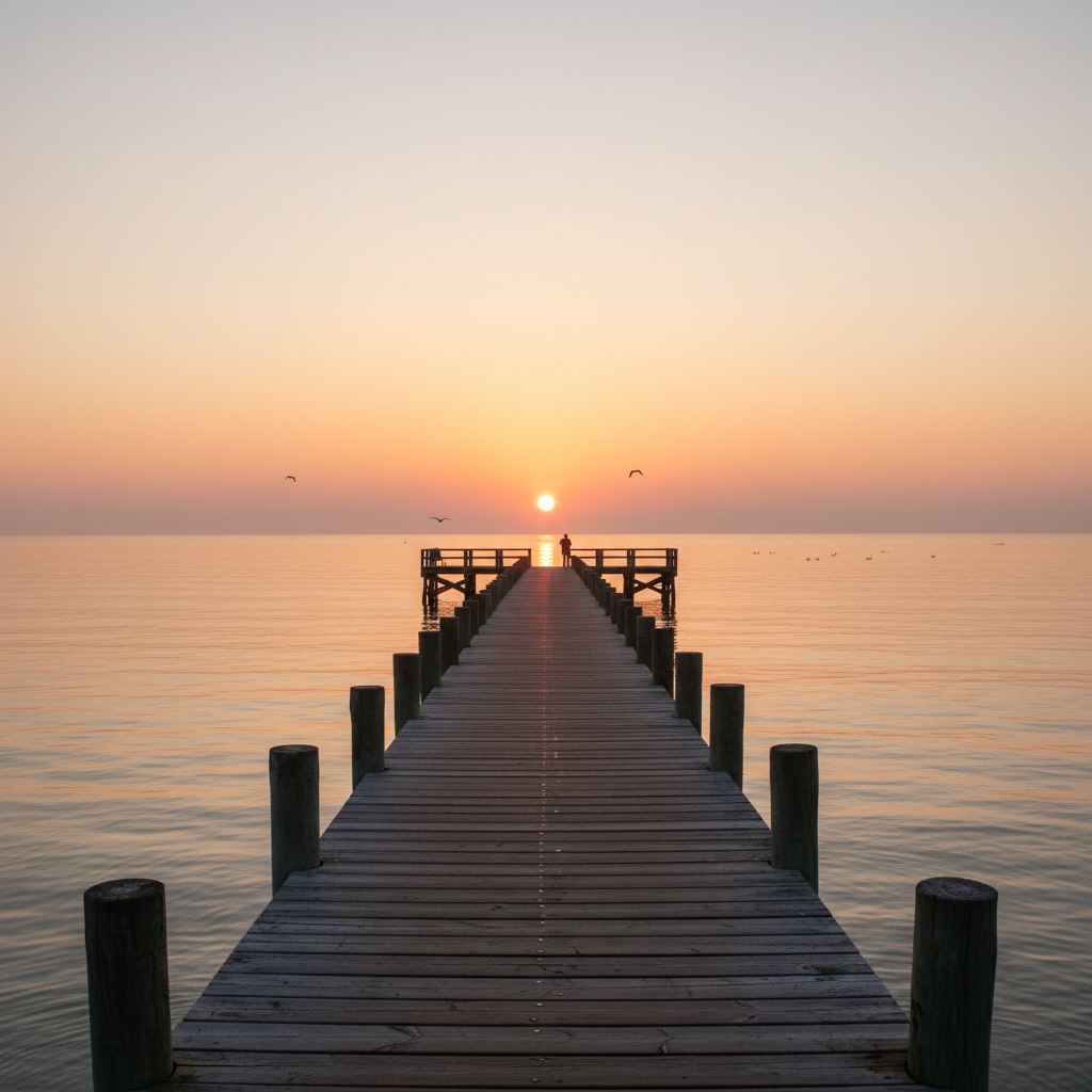 A peaceful sunrise over a calm ocean with soft orange and pink sky, a wooden pier leading towards the sun, minimalist and serene atmosphere, high quality photography, 4:3