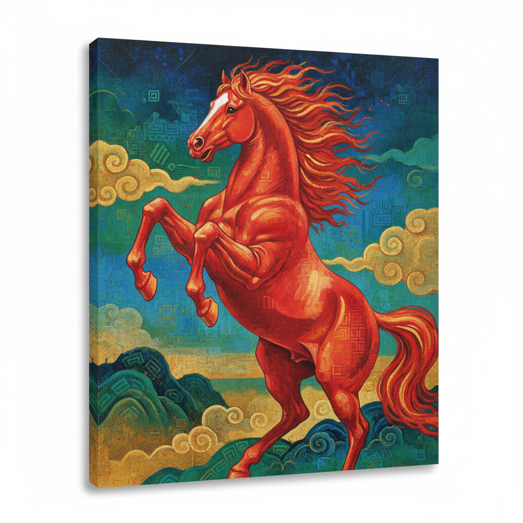 2026년 병오년을 상징하는 역동적인 붉은 말 일러스트