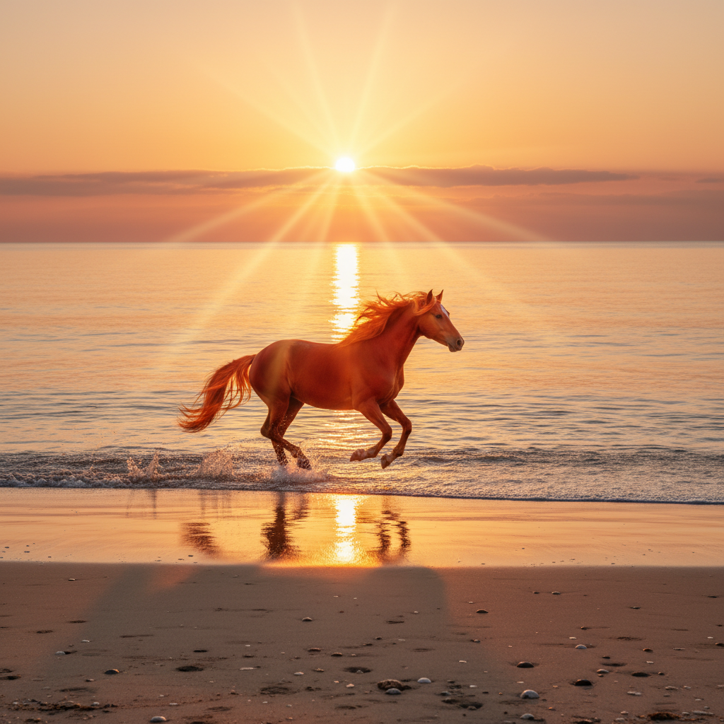 A wide-angle landscape of a breathtaking sunrise over a calm ocean in 2026. A majestic red horse is gallantly running along the shoreline, symbolizing the Year of the Red Horse. The atmosphere is filled with golden light and a sense of new beginnings. Cinematic lighting, high resolution, realistic photography style. 4:3