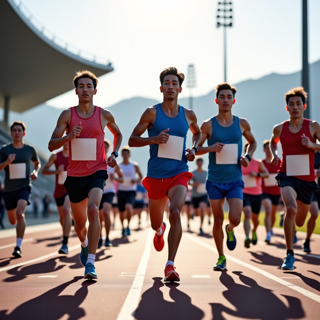 A group of diverse Korean runners wearing athletic gear, preparing at a starting line near a modern sports stadium in Seongnam. Bright spring morning light, energetic atmosphere, high-quality photography, 4:3