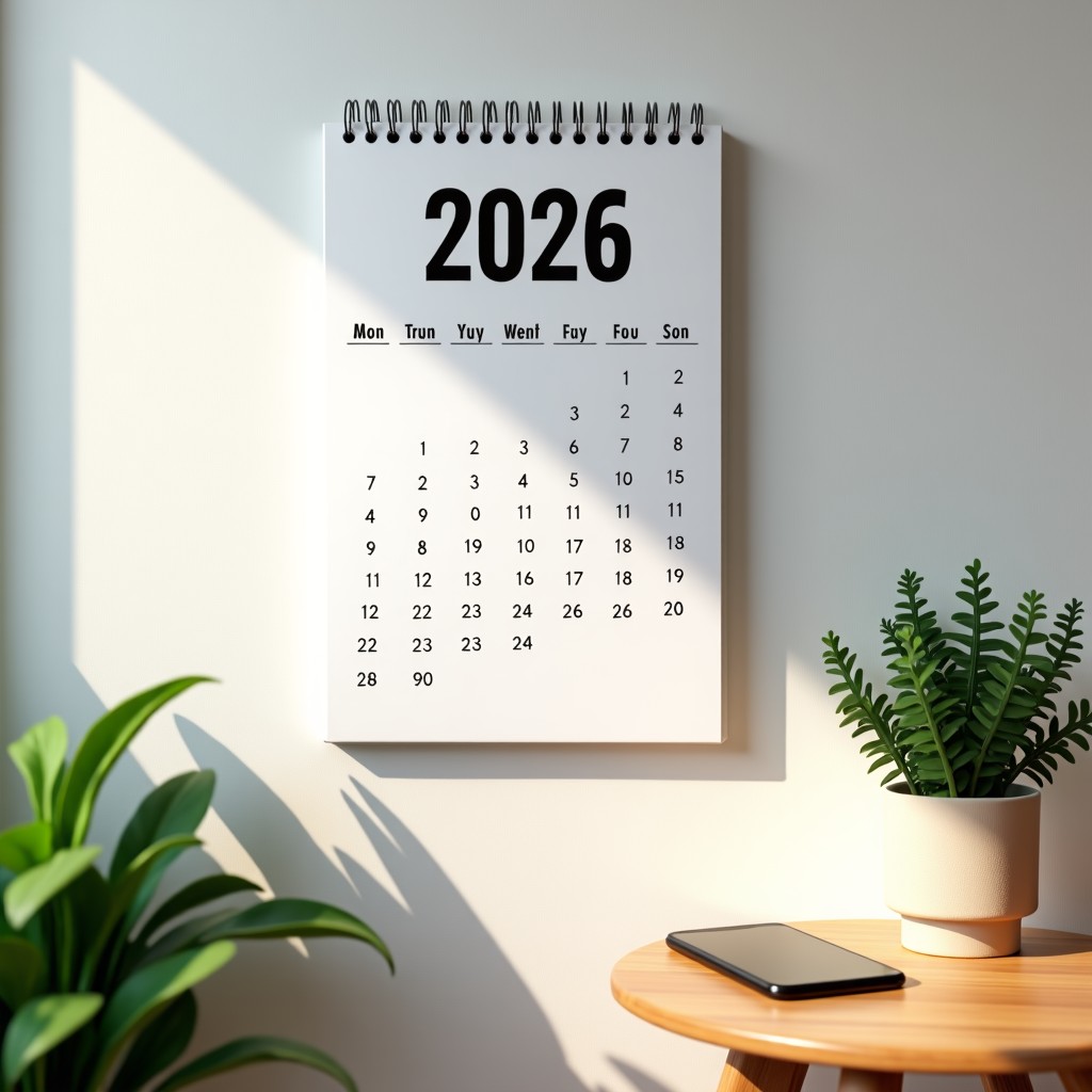 A 2026 calendar on a wall with a small plant and a smartphone on a side table. The mood is fresh and inspiring, symbolizing a new start and consistency. Natural light, minimalist aesthetic. No text visible. 1:1
