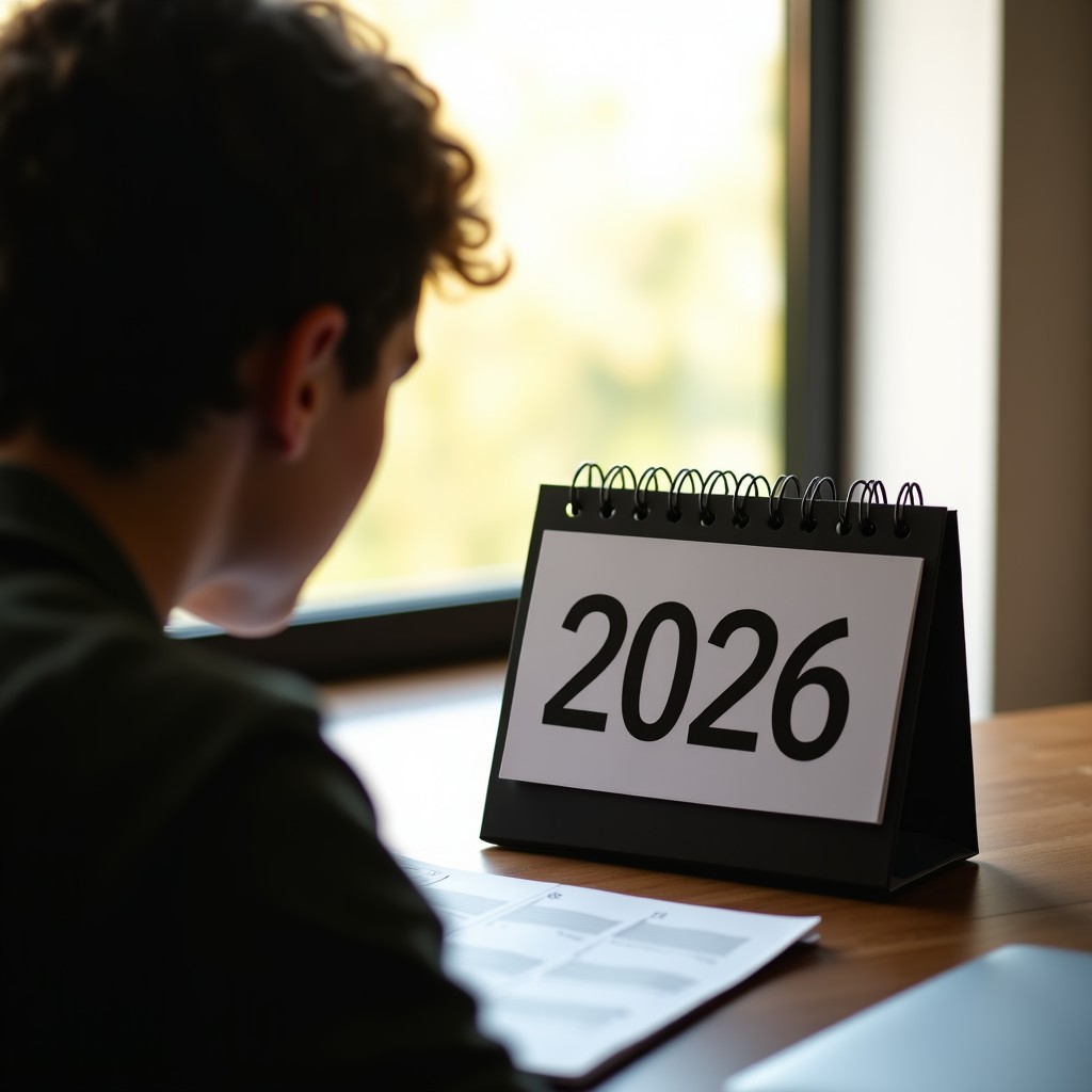 A person looking at a desk calendar marked with the year 2026, anticipation and waiting mood, soft natural lighting through a window, 4:3