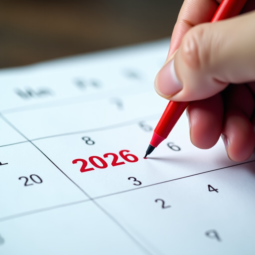 A close-up of a person's hand marking a date on a 2026 calendar with a red pen. The focus is on the calendar and the act of planning. Clean and professional atmosphere. 4:3