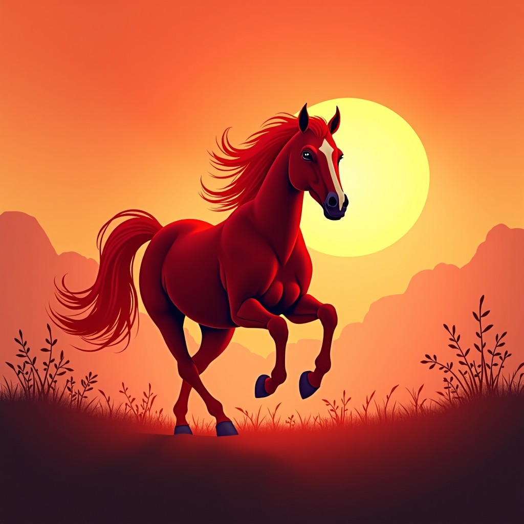 Artistic illustration of a majestic red horse running through a misty sunrise, vibrant red and orange tones, traditional Korean ink wash painting style mixed with modern digital art, powerful and energetic composition, 4:3 aspect ratio.