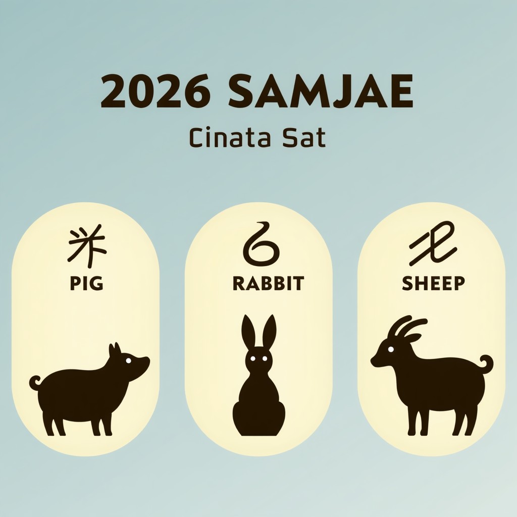 A clean and modern infographic showing the three zodiac signs for 2026 Samjae, which are Pig, Rabbit, and Sheep. The background is a soft gradient of blue and gold. The layout is professional and organized with symbolic representations of the zodiac animals. High contrast and clear design. No text. 4:3