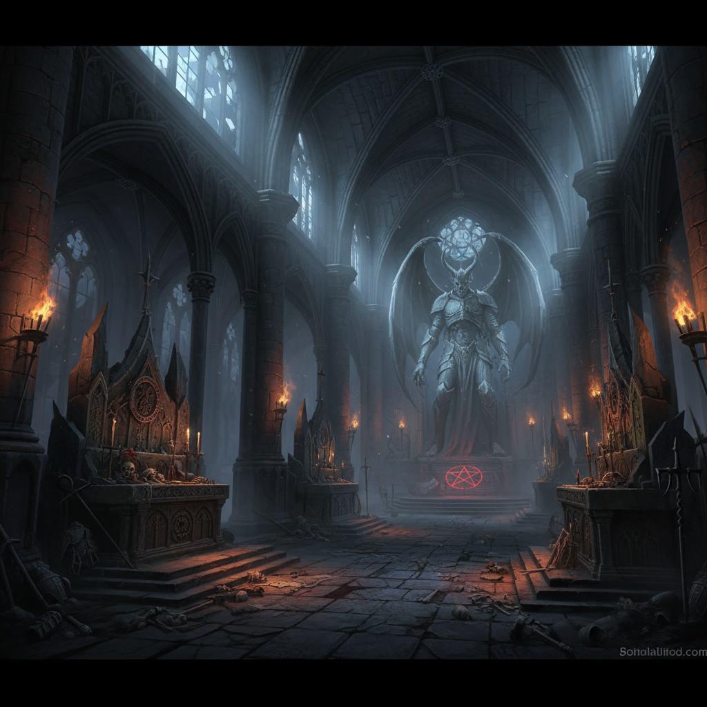 High quality cinematic shot of a dark gothic sanctuary in Diablo 2 Resurrected style with flickering torches and ancient stone altars moody lighting 4:3