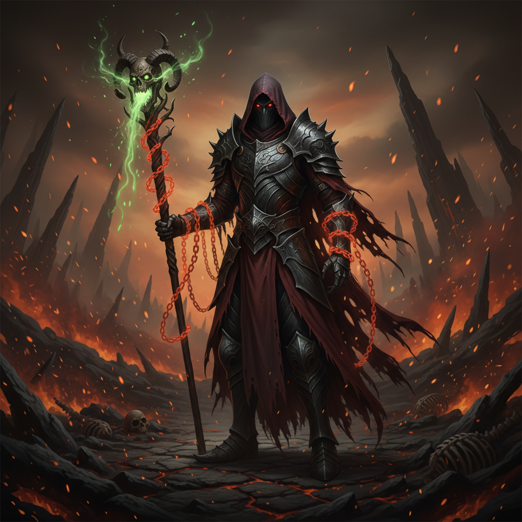 A dark warlock character from a gothic fantasy game standing in a hellish landscape, holding a cursed staff with glowing chains wrapped around his arms, fiery embers floating in the air, cinematic lighting, dark atmosphere, highly detailed, 4:3