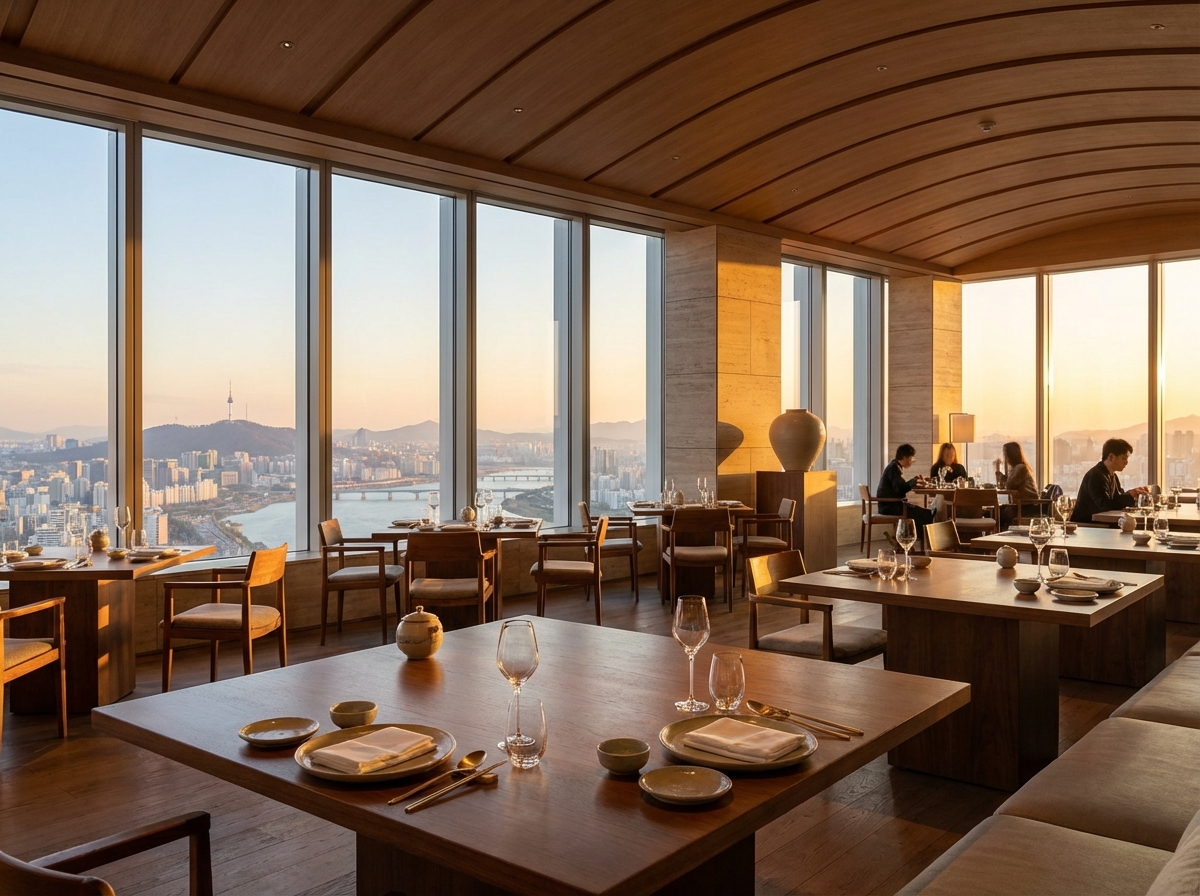Modern and luxury high-end restaurant interior at the top of a skyscraper, panoramic city view of Seoul through large windows, minimalist Korean aesthetics, warm sunlight, sophisticated table setting, 4:3