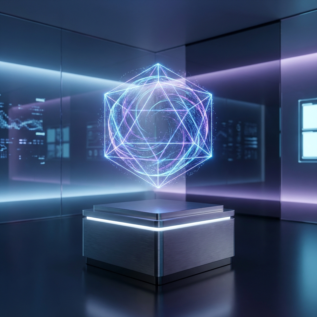 A futuristic digital hologram of a complex 3D geometric shape floating above a sleek metallic device in a modern dark room. Soft blue and purple light emitting from the projection. High tech atmosphere. No text. 1:1