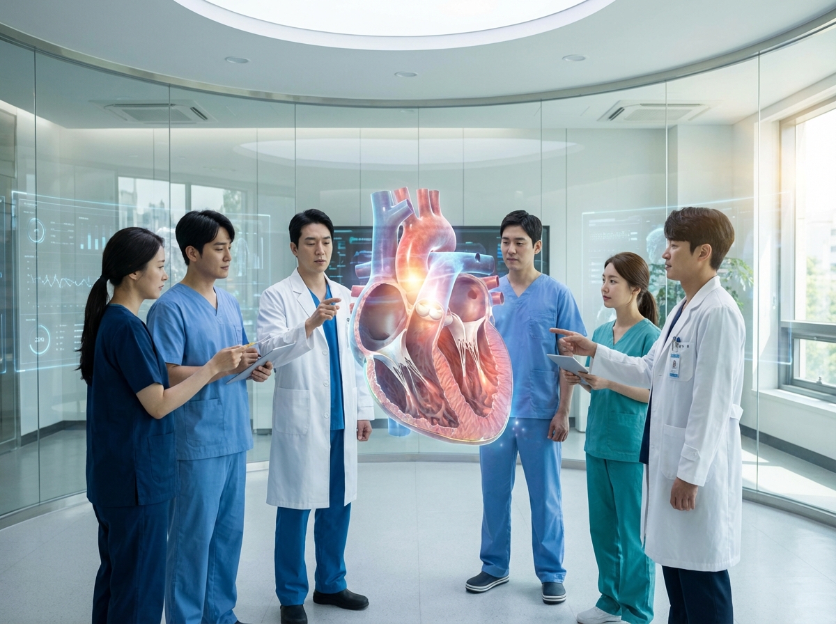 Professional doctors looking at a floating 3D anatomical human heart hologram in a bright futuristic hospital room. Realistic lighting, high detail medical visualization. Korean doctors with natural expressions. No text. 4:3