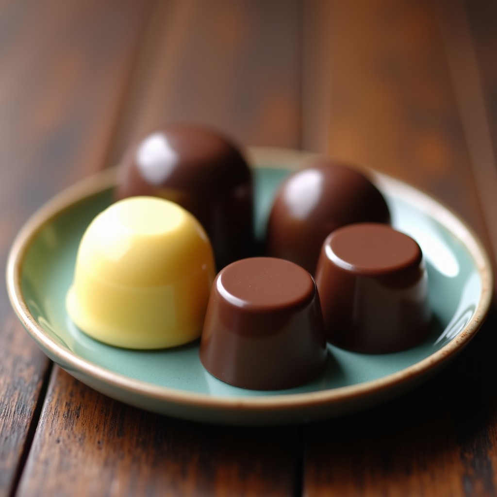 Assorted pavé chocolates in four flavors milk dark matcha and earl grey arranged on a ceramic plate realistic textures soft focus background 4:3