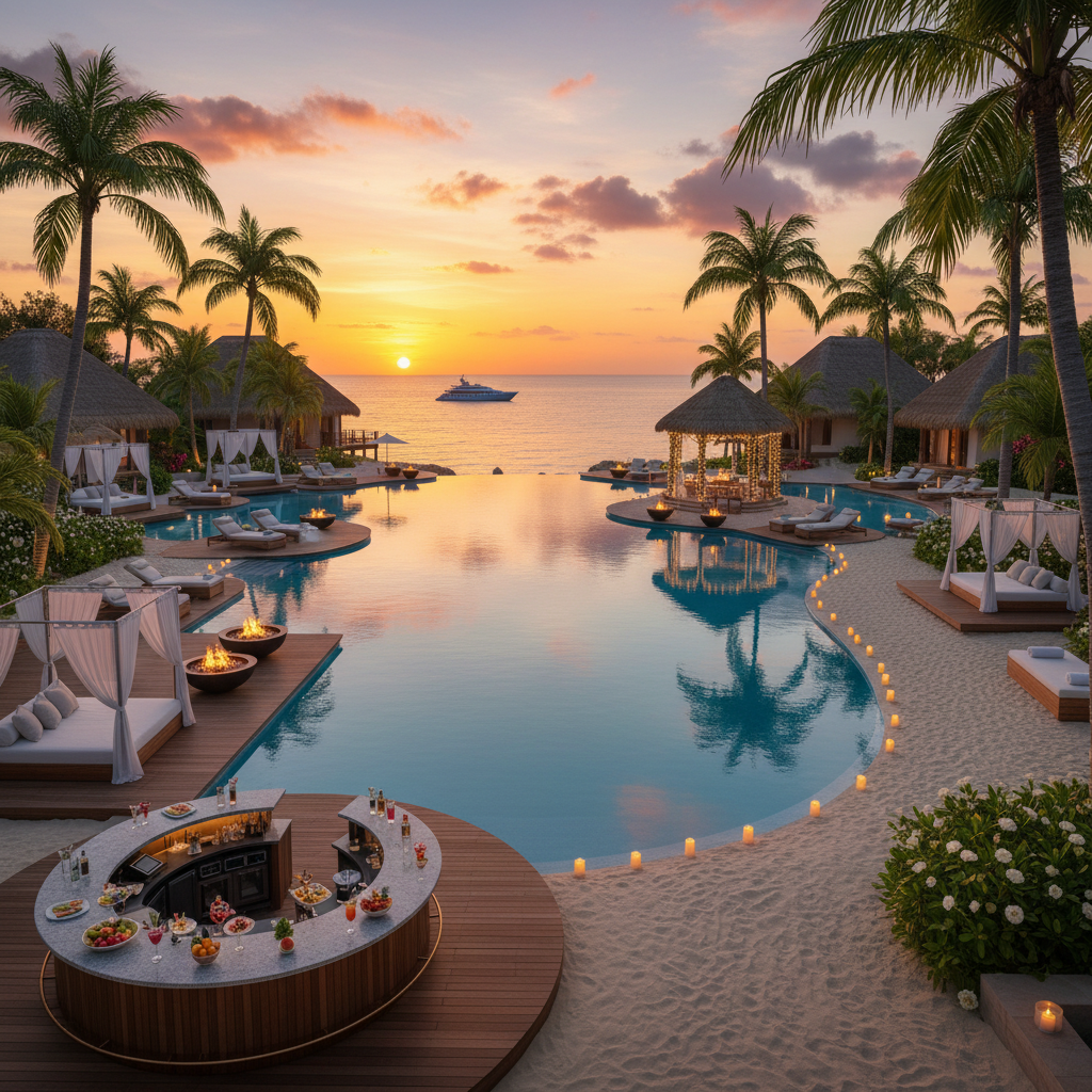 A luxurious beach resort setting for a reality dating show, golden hour sunset, tropical vibes, high quality photography, 4:3