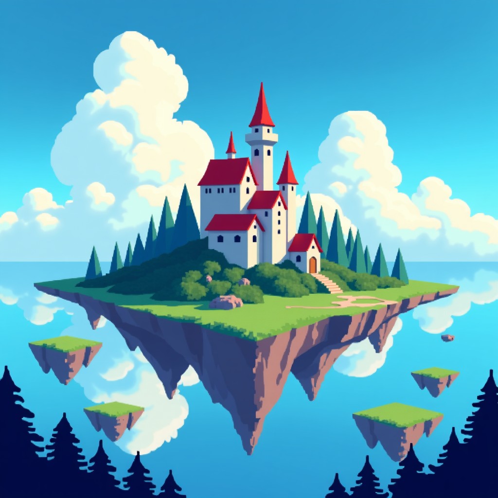 A beautiful 16-bit pixel art fantasy landscape with floating islands and a castle under a blue sky, high resolution, retro game style. 1:1