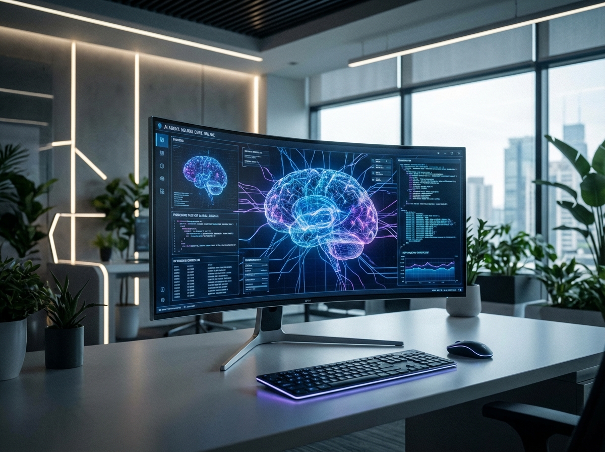 A futuristic AI agent interface displayed on a sleek high-tech computer monitor in a modern office, showing neural network patterns and automated task processing, cinematic lighting, 4:3