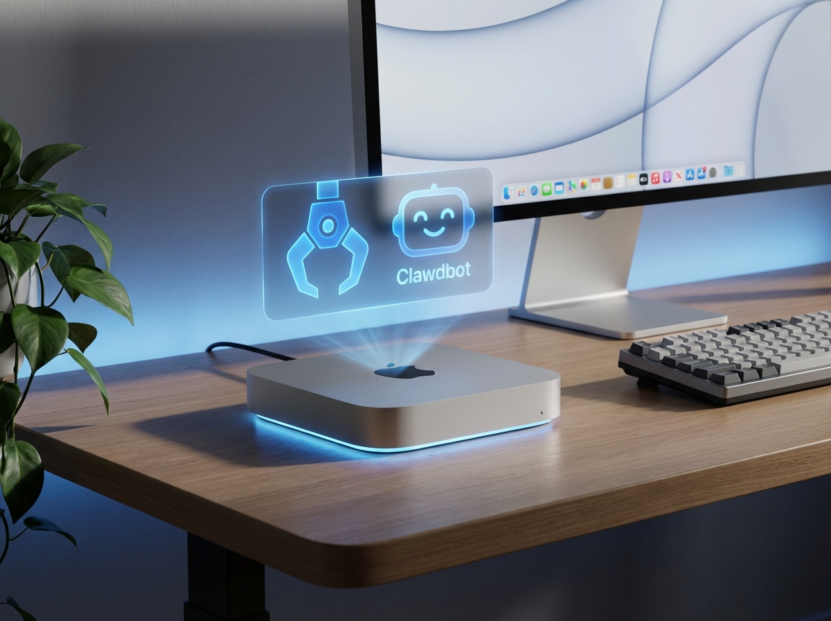A sleek silver Mac mini M4 on a modern wooden desk, glowing with soft blue ambient light, a holographic digital assistant interface floating above it representing Clawdbot, clean and minimalist workspace, cinematic lighting, high resolution, 4:3