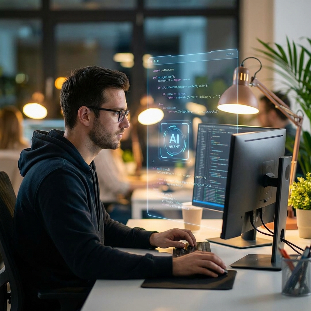 A professional developer working at a computer, a translucent AI agent overlay showing lines of code being written automatically, futuristic and productive atmosphere, soft focus background, realistic photography, 1:1