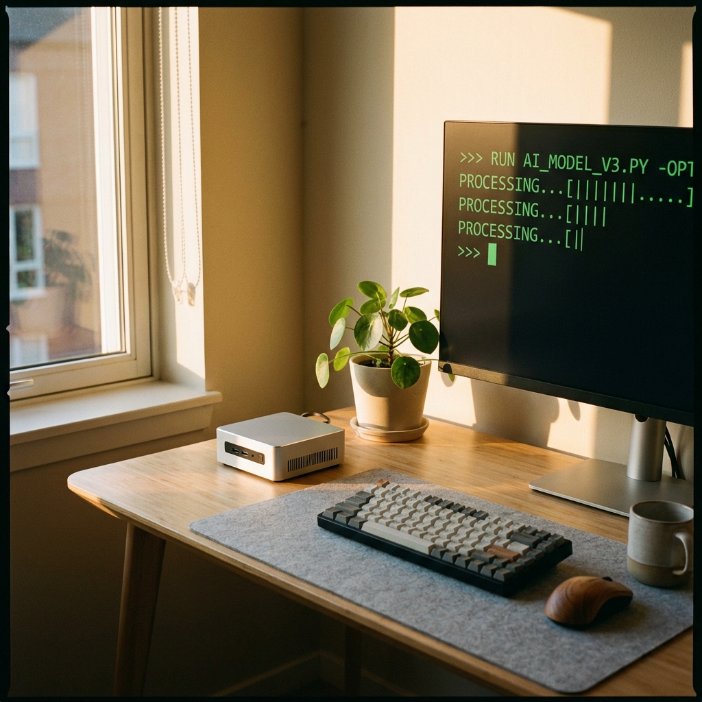 A minimalist desk setup featuring a small silver computer, a monitor showing AI command lines, a small green plant next to it, warm natural sunlight coming through a window, cozy and modern tech lifestyle, 1:1