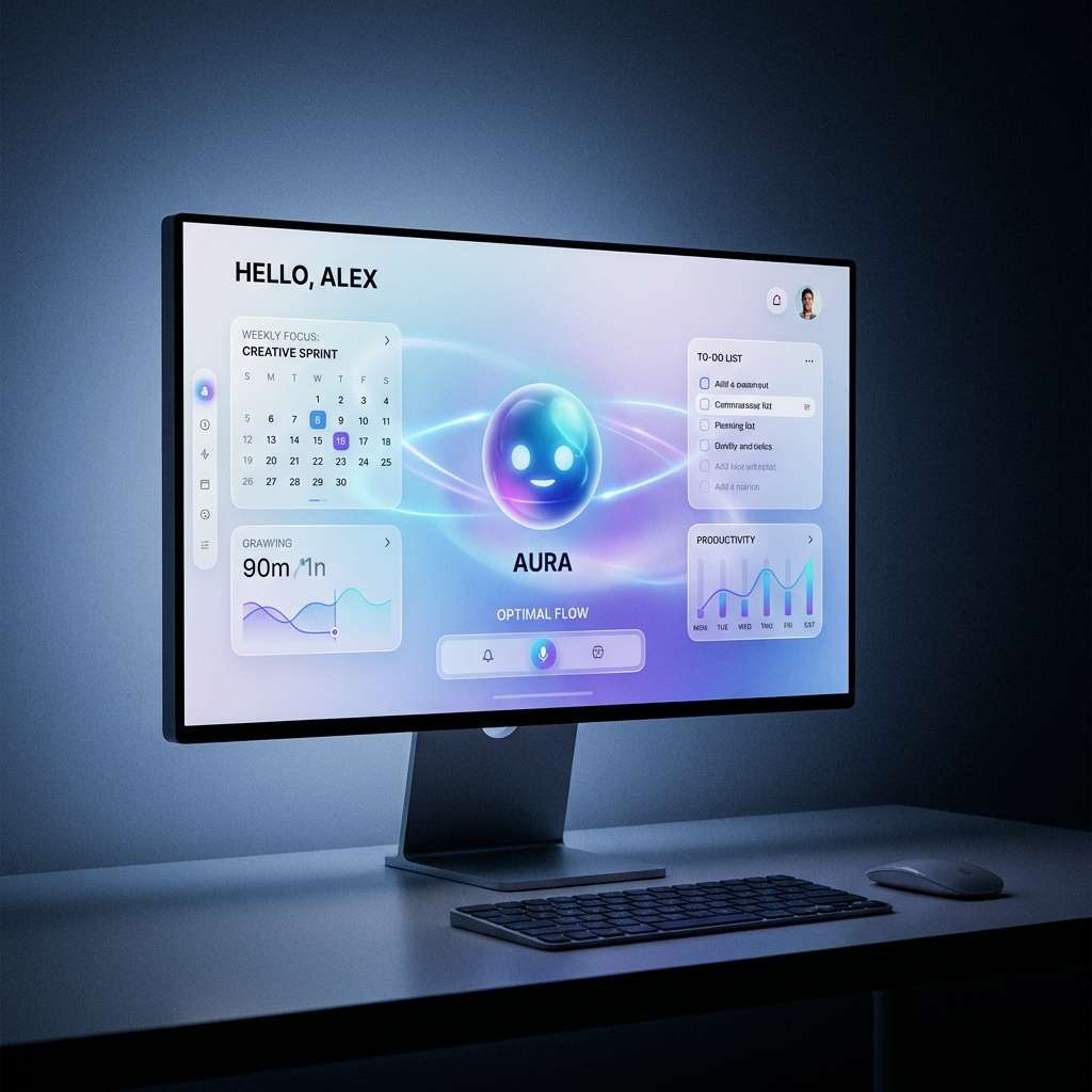 A futuristic digital personal assistant interface glowing on a sleek computer monitor, clean and modern UI design, soft blue and purple lighting, productivity concept, 1:1