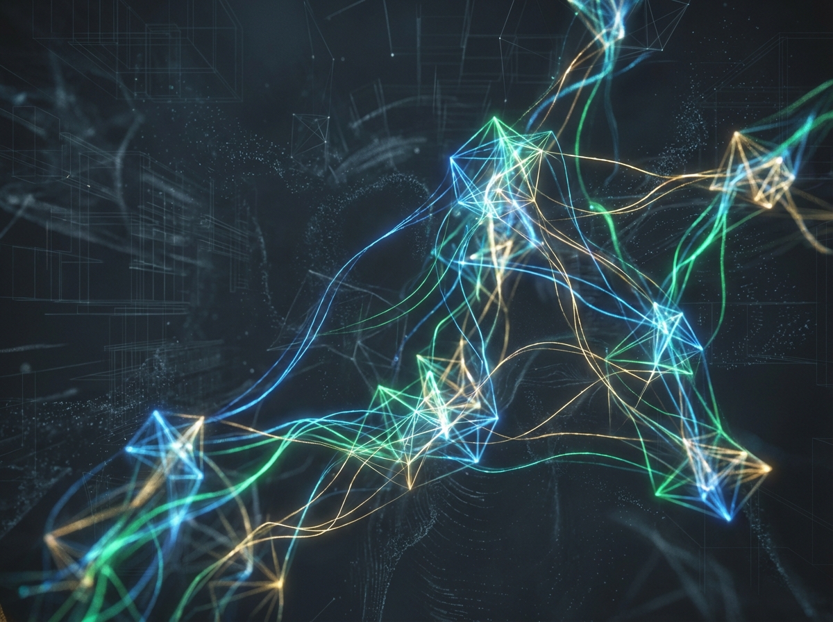 Abstract visualization of data nodes connecting, glowing light paths on a dark background, sophisticated technology aesthetic, 4:3