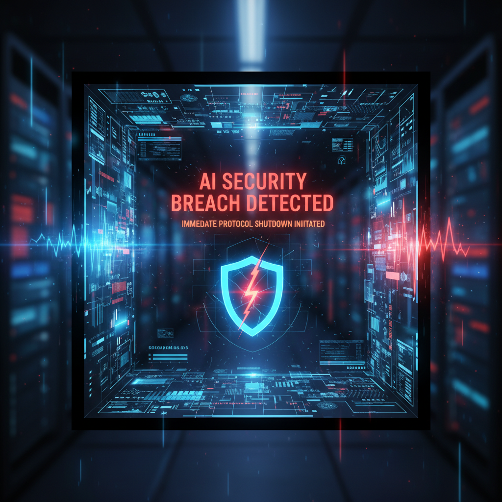 A futuristic digital interface showing a warning message for an AI security breach. High-tech blue and red lighting with a glowing shield icon. 1:1