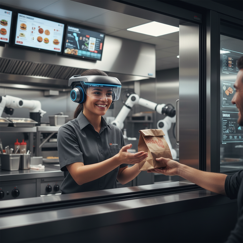미래형 매장에서 AI 헤드셋을 착용한 버거킹 직원