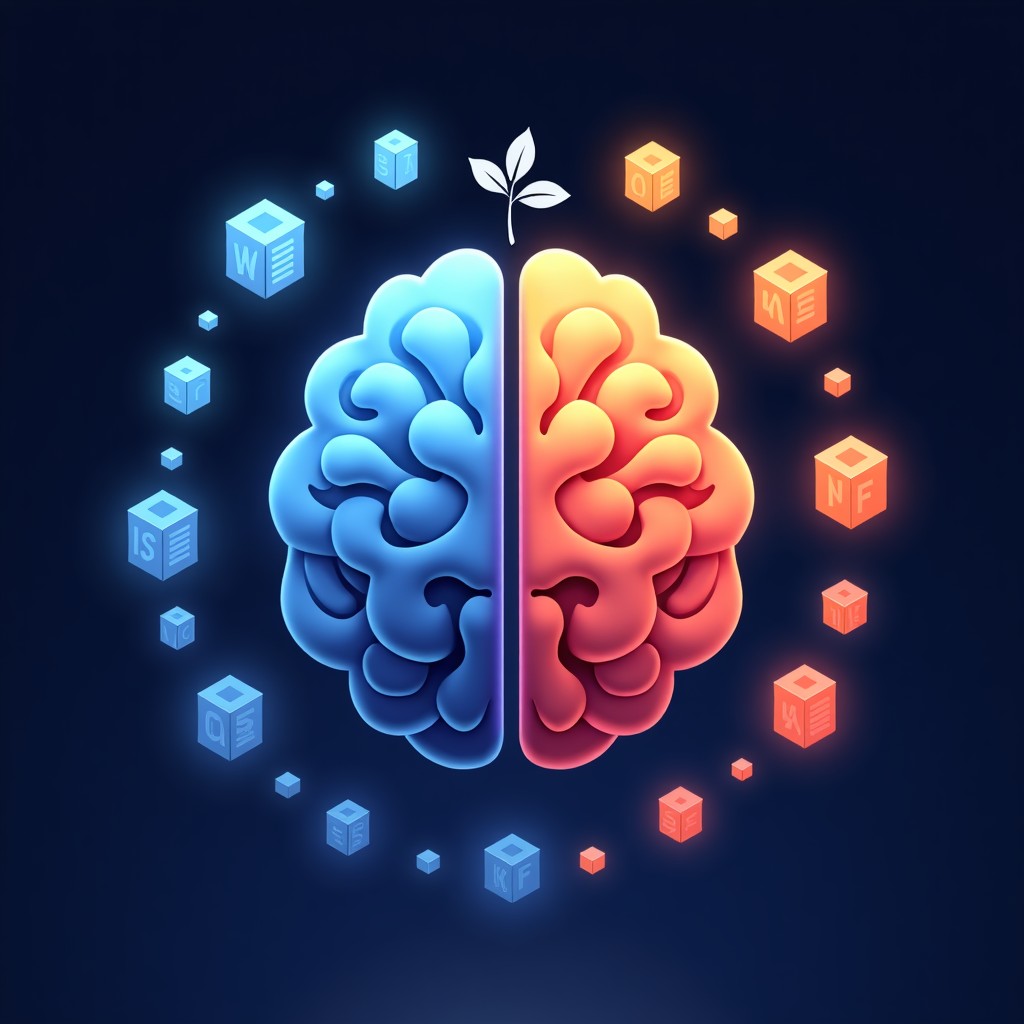 A symbolic illustration of a glowing brain-like AI processor split into two halves. One half is surrounded by peaceful icons like leaves and medical symbols, while the other half is surrounded by military radar and shield patterns. Dark gradient background, professional digital art style, 1:1.