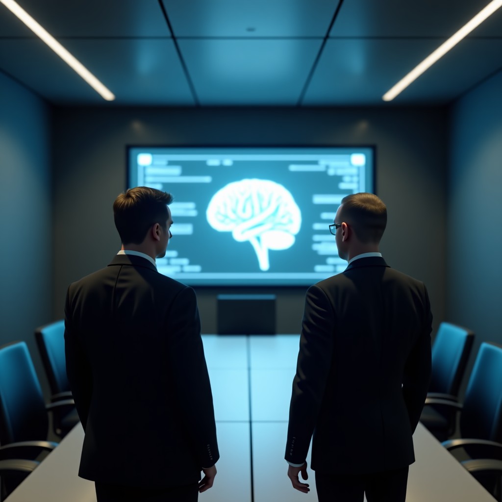 A professional and serious scene showing a high-tech corporate CEO in a modern suit standing across from a government official in a military uniform in a dimly lit, high-tech boardroom. A digital representation of an AI brain is visible on a screen between them, symbolizing the tension over technology control. Cinematic lighting, realistic style, 4:3.
