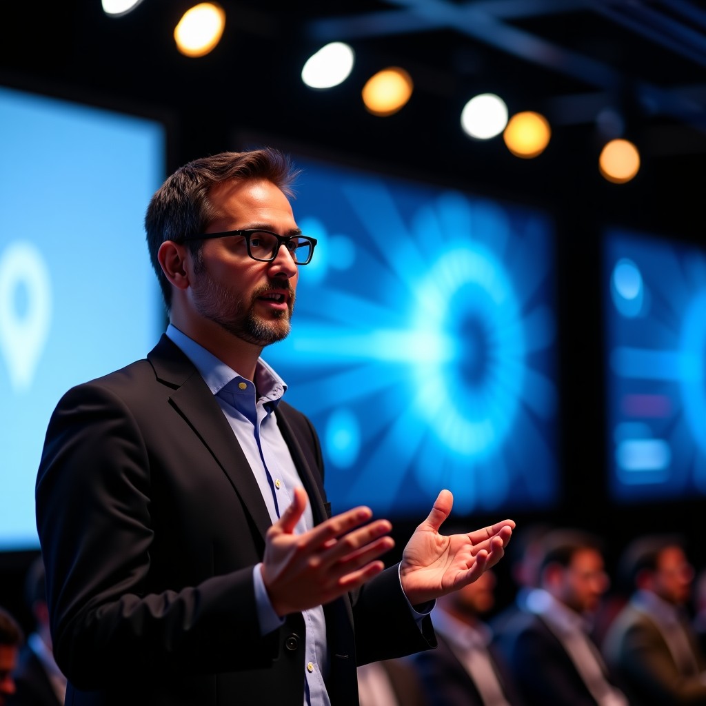 A professional male speaker with glasses giving a keynote speech at a high-tech AI conference in Delhi, large screens with abstract digital neural networks in the background, cinematic lighting, warm atmosphere, realistic photography style, 4:3